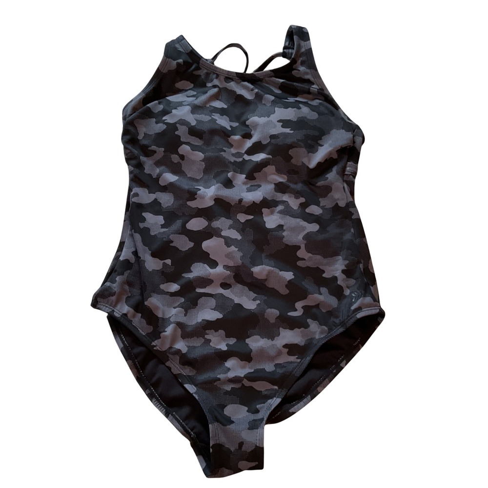 All In Motion Womens Camo High Neck One Piece Swimsuit Grey Black Medium